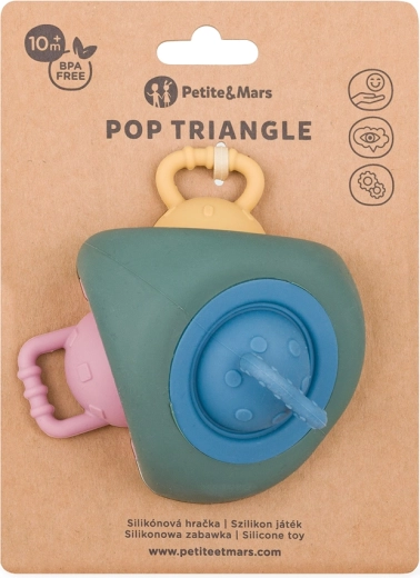 Szilikon szenzoros játék és rágóka PETITE&MARS Pop Up Triangle Misty Green 10 hó+