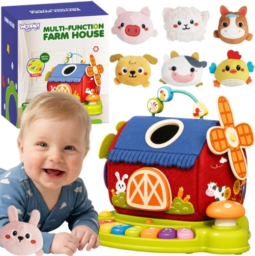 Woopie Baby interaktív farm – házikó formaválogatóval és zongorával + 7 plüssállat