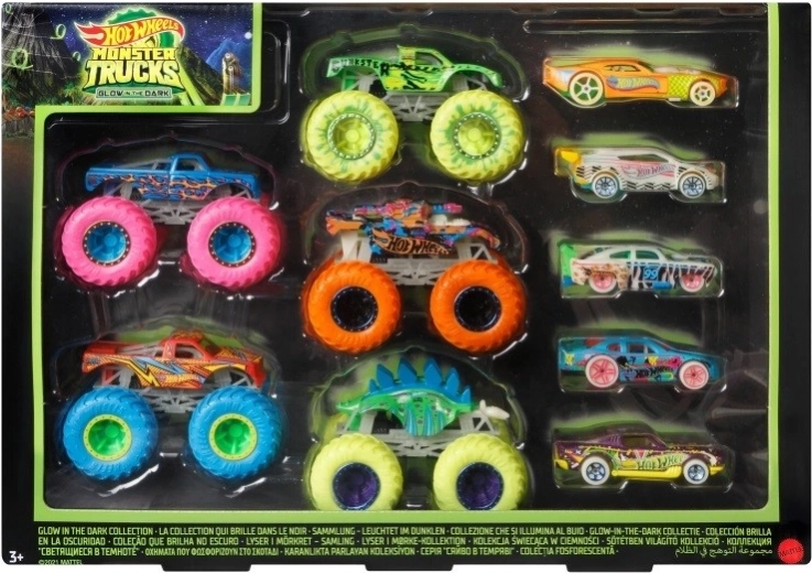 HOT WHEELS MONSTER TRUCKS 1:64 sötétben világító készlet, 10 db