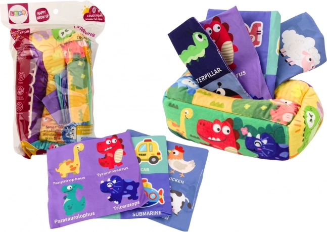 Doboz puha kendőkkel, 6 textil, 3 színes csörgő kendő szalaggal