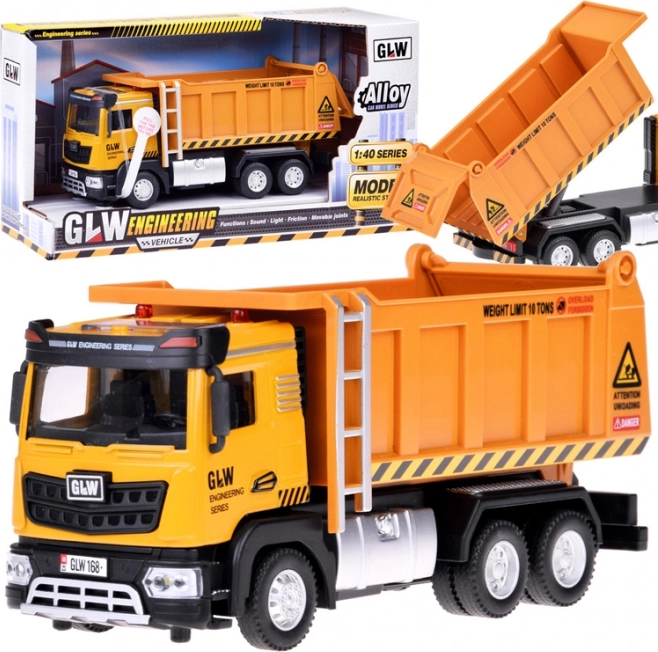 Gyerek billenőplatós teherautó fénnyel és hanggal, fém karosszéria, felhúzós (pull-back)