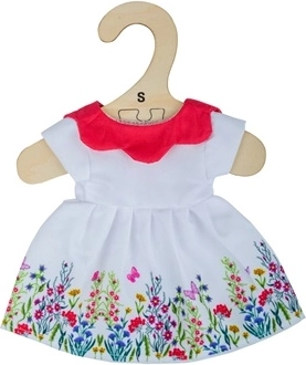 Fehér virágmintás ruha piros gallérral 25 cm-es babához