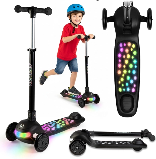 Ricokids Glowi háromkerekű egyensúlyozó gyerekroller LED világítással – fekete
