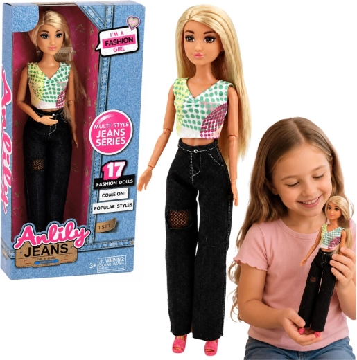 Divatbaba Anlily fekete farmerben színes toppal, 30 cm