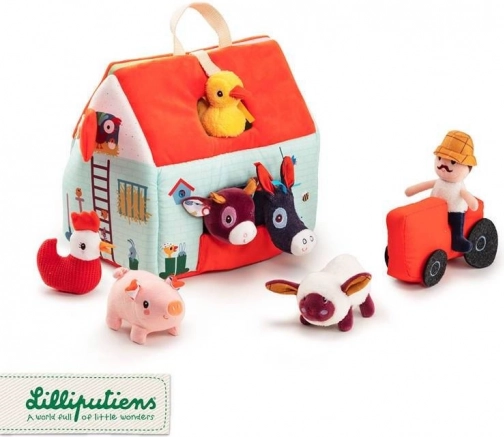Lilliputiens kihajtható tanya 6 állatkával, farmerrel és traktorral 18 hó+