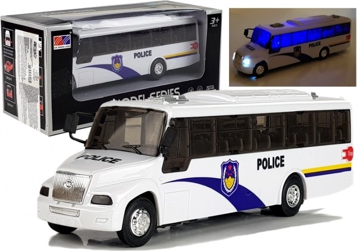 Rendőrségi busz fényekkel és hangokkal – fehér fém modell, 21 cm