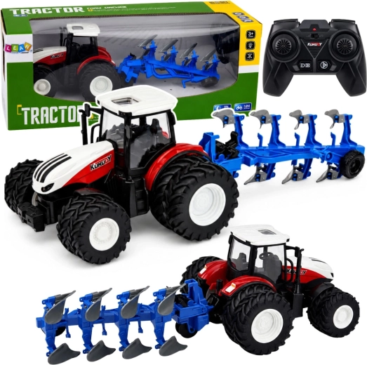 RC farmtraktor többsoros ekével 1:24 (2,4 GHz) piros
