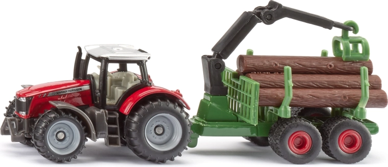 Siku Massey Ferguson traktor erdészeti pótkocsival és rönkökkel