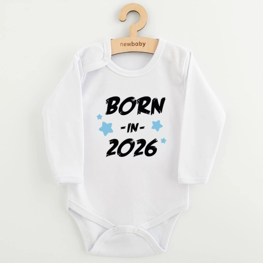 NEW BABY Born in 2026 feliratú, kék hosszú ujjú bababody
