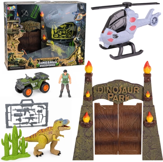 Dino park bázis kapuval, helikopterrel, quaddal és figurákkal