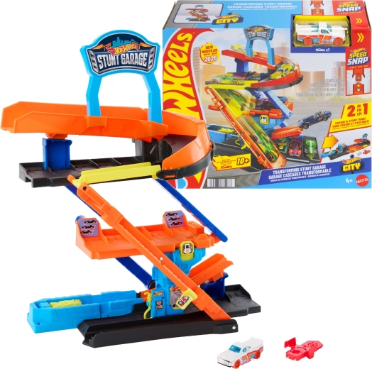Hot Wheels City kaszkadőrgarázs átalakítással és kisautóval
