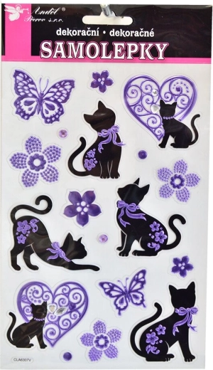Fekete–lila cicás matricák díszkövekkel (14 × 21 cm-es ív)