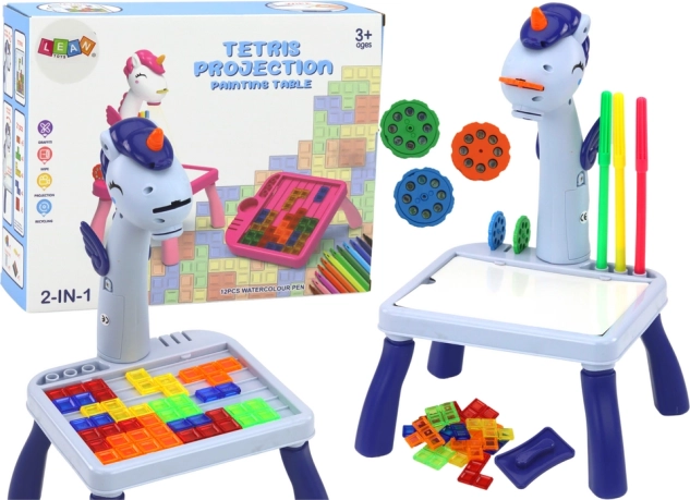Mini projektor és asztalka 2 az 1-ben, kék unikornis
