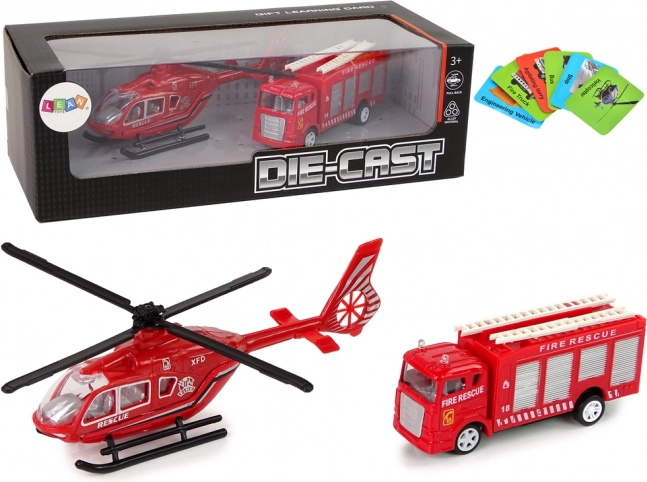 Tűzoltó autók és helikopter piros