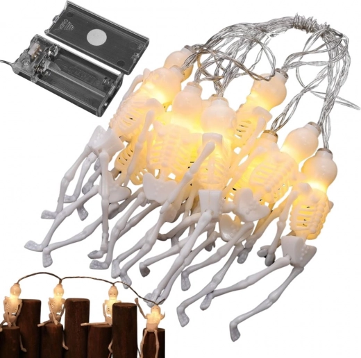LED halloween-i fényfüzér csontvázakkal, 2 m, 10 függődísz, meleg fehér