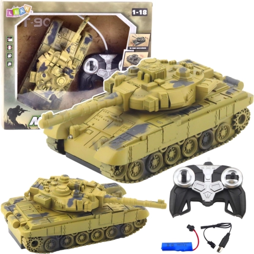 RC T-90 tank 1:18 forgatható toronnyal, fényekkel és hangokkal – homokszínű álcázás