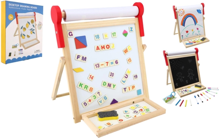 Kétoldalas mágneses fa gyerektábla 33 × 33 cm papírtekercscsel és kiegészítőkkel