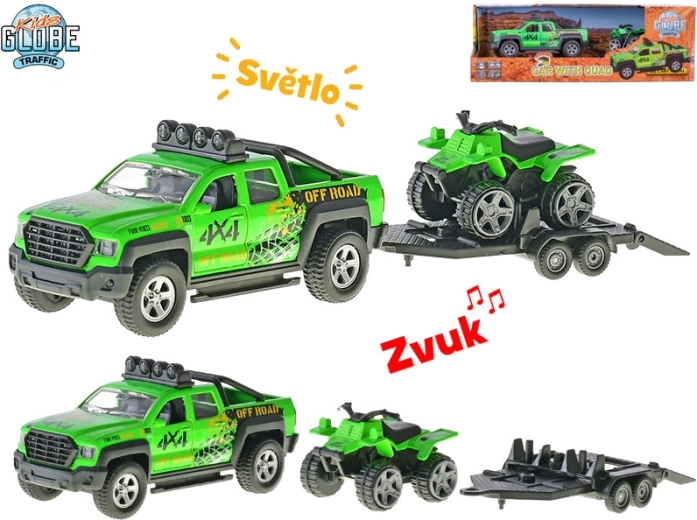 Kids Globe Traffic autó utánfutóval és quad-dal, 13 cm-es fém modell fényekkel és hangokkal