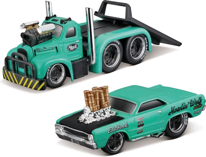 Maisto Muscle transports Mack B-61 platós teherautó Dodge Dart HEMI gasserrel 1:64