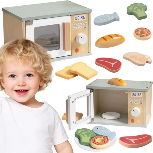 Tooky Toy fa játék mikrohullámú sütő élelmiszerekkel