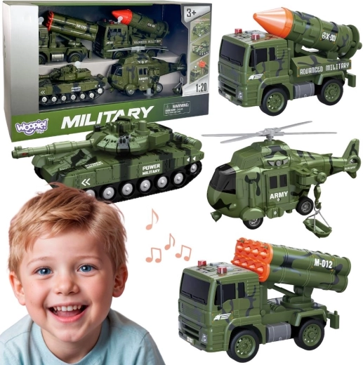 WOOPIE katonai járműkészlet rakétavetőkkel, tankkal és helikopterrel, 4 db, 1:20 méretarány