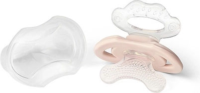 BABYONO szilikon cumiformájú rágóka kupakkal, BPA-mentes, bézs, 3hó+