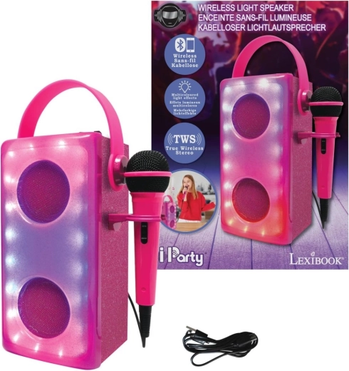 Rózsaszín karaoke Bluetooth hangszóró mikrofonnal LEXIBOOK iParty fényhatásokkal