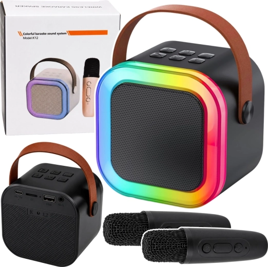 Vezeték nélküli karaoke szett K12 – Bluetooth hangszóró két mikrofonnal és LED fényekkel (fekete)