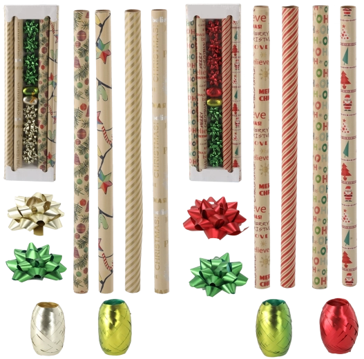 Karácsonyi ajándékcsomagoló szett Kraft, mintakeverék 70 × 200 cm