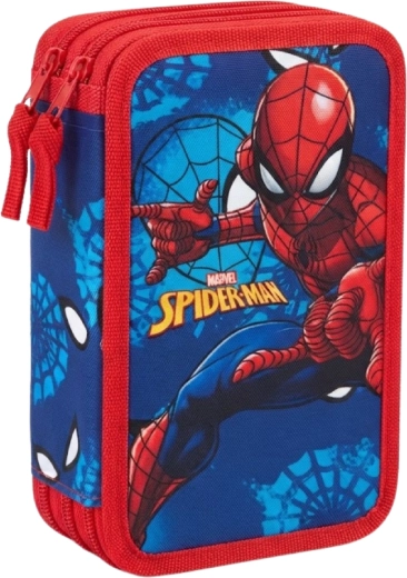 Háromszintes, teljesen felszerelt Spider-Man iskolai tolltartó, kék-piros