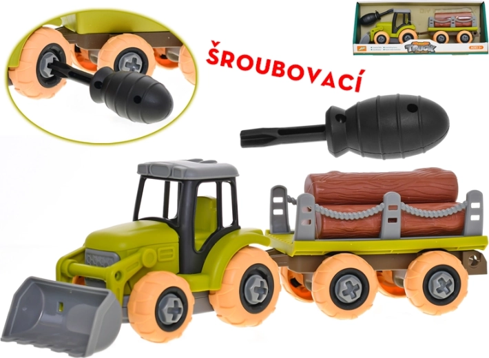 Csavarozható traktor pótkocsival és rönkökkel, 28 cm