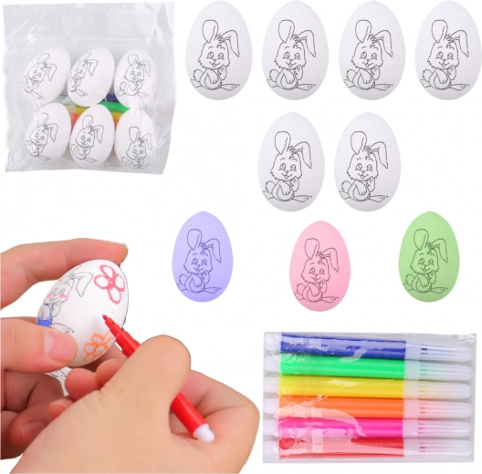 Húsvéti polisztirol festhető tojások nyuszis mintával, 6 db filctollal