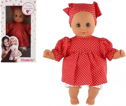 Baba játék 30 cm piros pöttyös ruhácskában kendővel