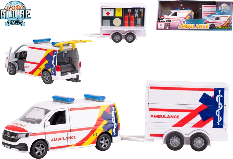 Kids Globe Traffic mentőautó VW Transporter utánfutóval 1:16