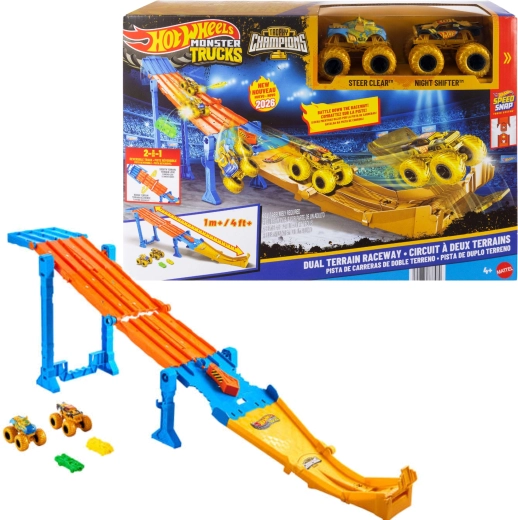 Hot Wheels Monster Trucks 2 az 1-ben versenypálya Dual Terrain Raceway + 2 monster truck