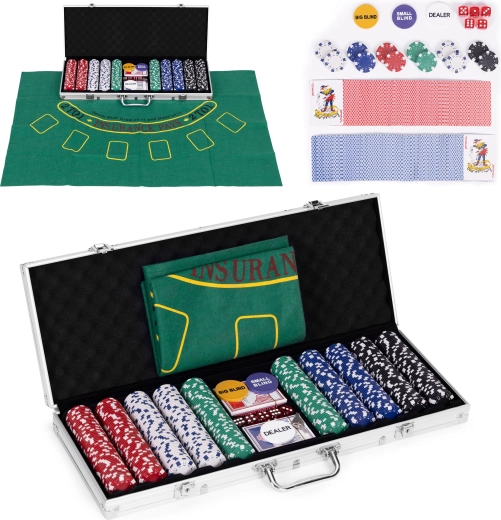 Poker és Blackjack készlet – 500 zseton, 2 pakli kártya, kockák, játéktábla, zárható táska