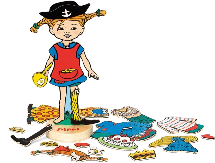 Pippi Harisnyás fa öltöztetős baba
