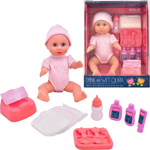 Dolls World baba Olivia 38 cm iszik és pisil csukódó szemekkel és tartozékokkal