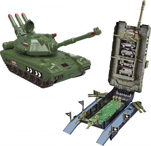 garázs tank 4 autóval, fény- és hangeffektekkel, 44 cm