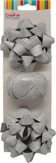 Csillogó ezüst ajándékcsomagoló szett (szalag 10 m + 2 db csillag masni 9 cm)