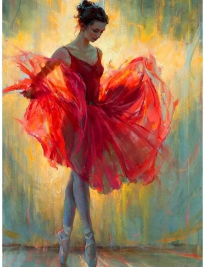 Gyémántkirakó (diamond painting) piros ruhás balerina 30 × 40 cm