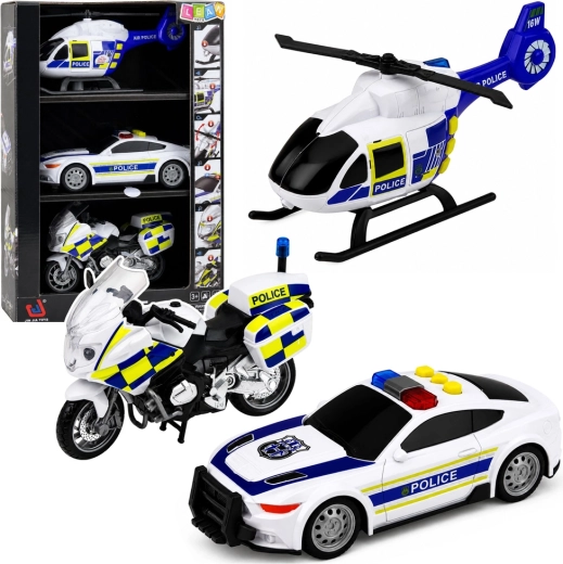 Rendőrségi járműszett helikopterrel, autóval és motorral fényekkel és hangokkal 1:32