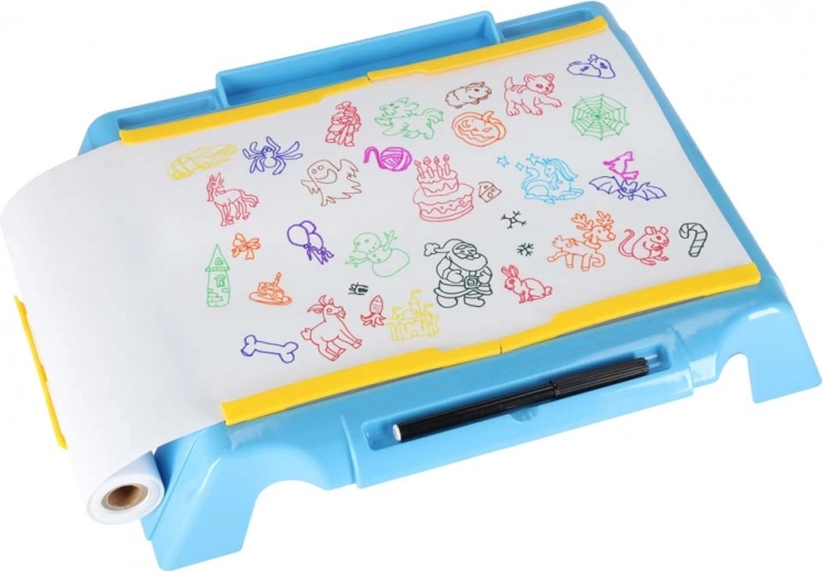 Minden kéznél: rekesz a filceknek és papírtekercs