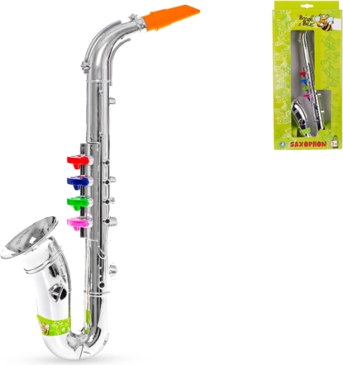 Gyermek szaxofon 38 cm – ezüstszínű műanyag hangszer 4 színes billentyűvel