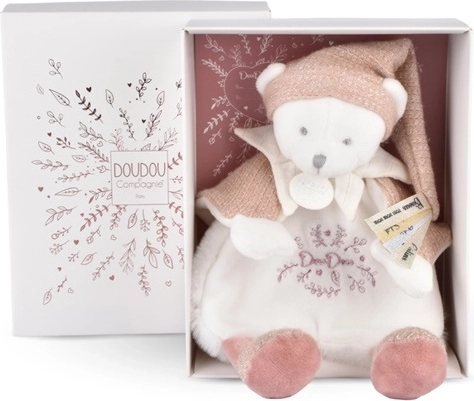Doudou ajándékszett – plüss macis nyunyókáló rózsaszín sapkával, 25 cm