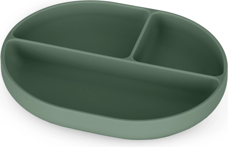 Szilikon ovális, rekeszes tányér tapadókoronggal PETITE&MARS Take&Match Misty Green 6hó+