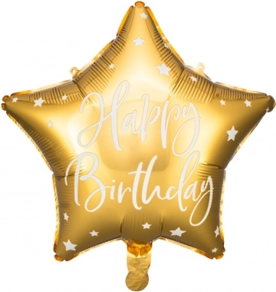 Arany színű, csillag alakú fólia lufi Happy Birthday felirattal, 40 cm