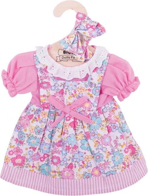 Rózsaszín virágmintás ruha 38 cm-es babához fejpánttal BIGJIGS TOYS