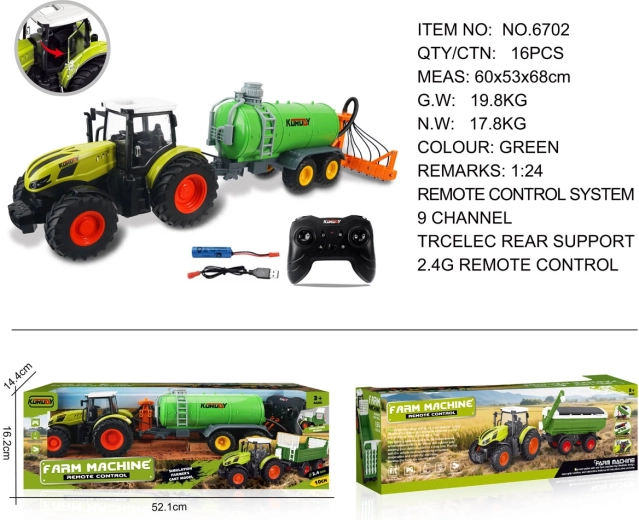 Távirányítós traktor zöld tartálykocsival és szénagyűjtővel 1:24