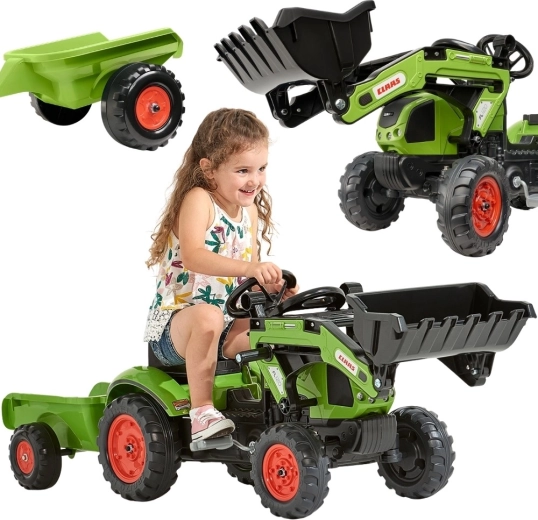 Falk pedálos traktor Claas Arion 410 rakodóval és utánfutóval, 2–5 éves gyerekeknek
